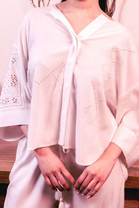 Buy_Beachbum_White Viscose, Rayon Embroidery Collared Hand Co-ord Set _Online_at_Aza_Fashions