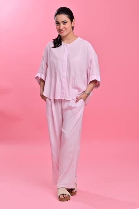 Beachbum_Pink Viscose, Rayon Embroidery Round Neck Baby Hand Co-ord Set _Online_at_Aza_Fashions