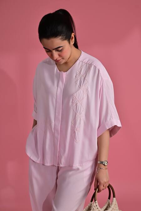 Buy_Beachbum_Pink Viscose, Rayon Embroidery Round Neck Baby Hand Co-ord Set _Online_at_Aza_Fashions