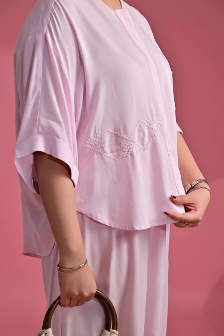 Beachbum_Pink Viscose, Rayon Embroidery Round Neck Baby Hand Co-ord Set _at_Aza_Fashions