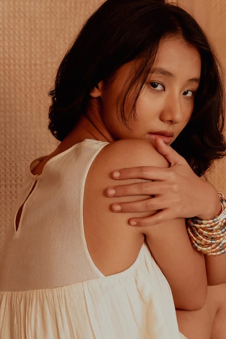 Shop_Beachbum_Off White Cotton Embroidery Round Neck Indie Short Balloon Dress _Online_at_Aza_Fashions