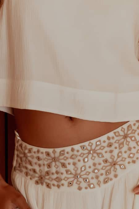 Beachbum_White Rayon, Crepe Embroidery Round Neck Fair Crop Top And Flared Pant Set _Online_at_Aza_Fashions