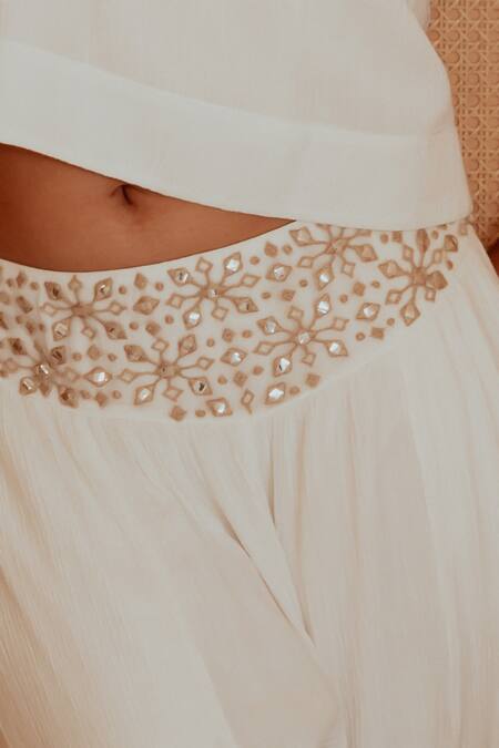 Buy_Beachbum_White Rayon, Crepe Embroidery Round Neck Fair Crop Top And Flared Pant Set _Online_at_Aza_Fashions
