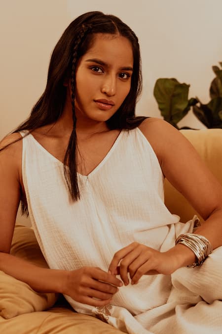 Buy_Beachbum_White Embroidery V-neck Daria Double Gauze Jumpsuit _Online_at_Aza_Fashions