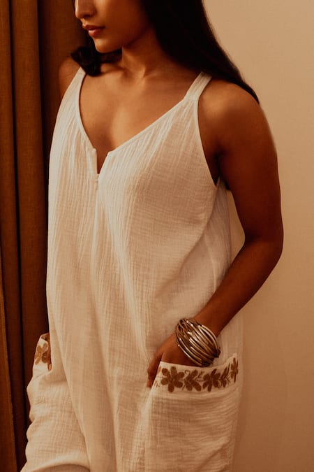 Beachbum_White Embroidery V-neck Daria Double Gauze Jumpsuit _at_Aza_Fashions