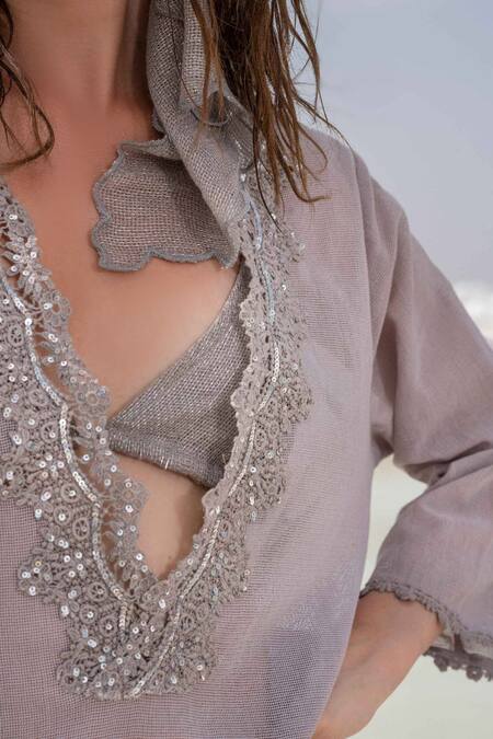 Buy_Beachbum_Silver Sequins, Embroidery V-neck Bird Kaftan _Online_at_Aza_Fashions