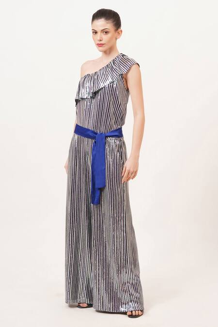 Beachbum_Blue Sequins One Shoulder Twinkle Jumpsuit _Online_at_Aza_Fashions
