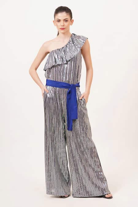 Beachbum Blue Sequins One Shoulder Twinkle Jumpsuit 
