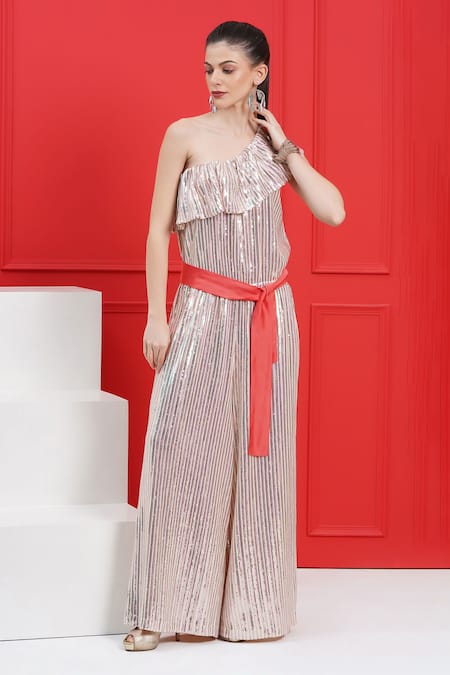 Beachbum_Peach Satin Sequins One Shoulder Twinkle Jumpsuit _Online_at_Aza_Fashions