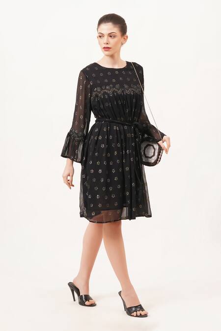 Beachbum_Black Georgette Embroidery Round Neck Knee Length Glow Dress _Online_at_Aza_Fashions