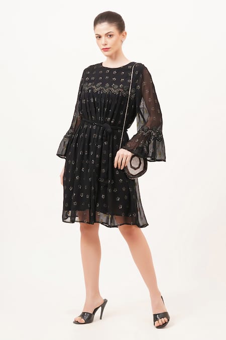 Buy_Beachbum_Black Georgette Embroidery Round Neck Knee Length Glow Dress _Online_at_Aza_Fashions