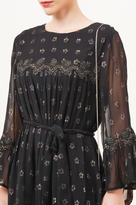 Shop_Beachbum_Black Georgette Embroidery Round Neck Knee Length Glow Dress _Online_at_Aza_Fashions
