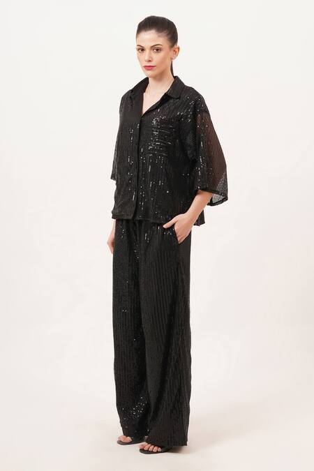 Beachbum_Black Sequins Collared Charm Co-ord Set _Online_at_Aza_Fashions