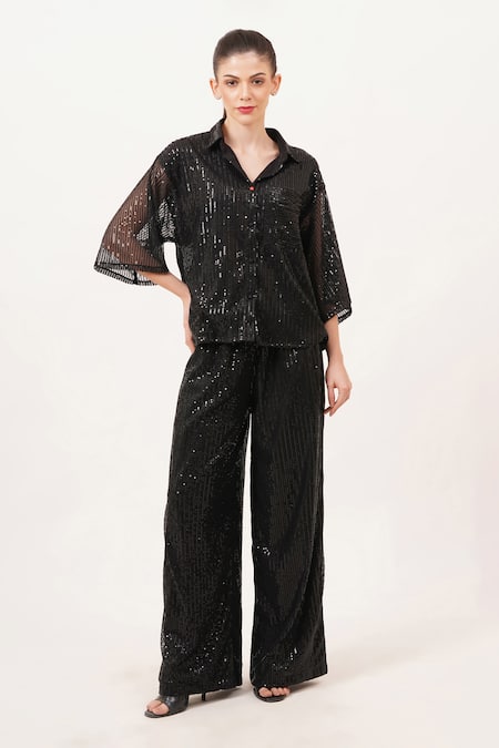 Beachbum Black Sequins Collared Charm Co-ord Set 