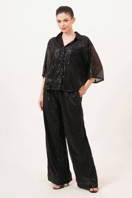 Buy_Beachbum_Black Sequins Collared Charm Co-ord Set _Online_at_Aza_Fashions