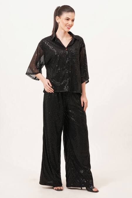 Shop_Beachbum_Black Sequins Collared Charm Co-ord Set _Online_at_Aza_Fashions