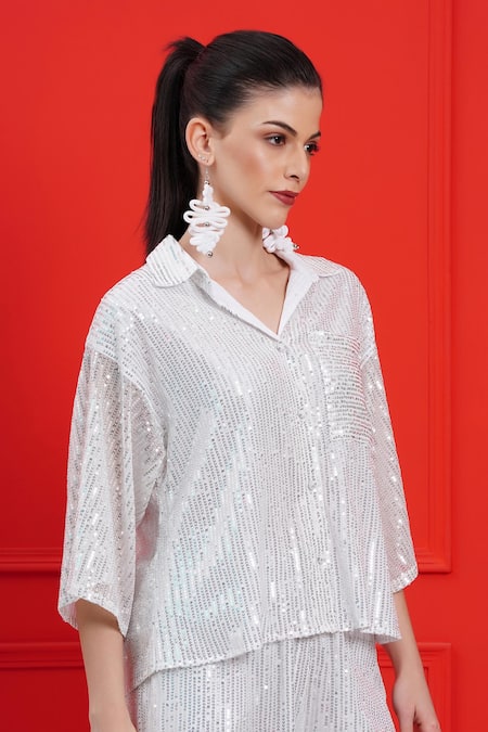 Beachbum_White Sequins Collared Charm Co-ord Set _Online_at_Aza_Fashions