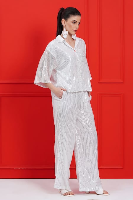 Buy_Beachbum_White Sequins Collared Charm Co-ord Set _Online_at_Aza_Fashions