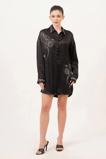 Beachbum Black Viscose, Satin Embroidery Collared Chic Oversized Tunic Dress 