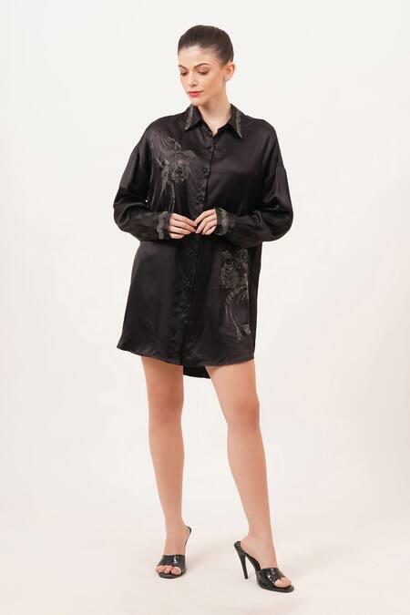 Beachbum_Black Viscose, Satin Embroidery Collared Chic Oversized Tunic Dress _Online_at_Aza_Fashions