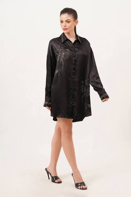 Buy_Beachbum_Black Viscose, Satin Embroidery Collared Chic Oversized Tunic Dress _Online_at_Aza_Fashions