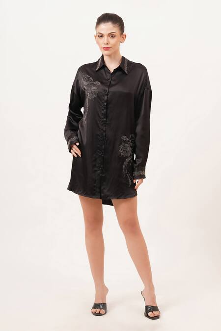 Shop_Beachbum_Black Viscose, Satin Embroidery Collared Chic Oversized Tunic Dress _Online_at_Aza_Fashions