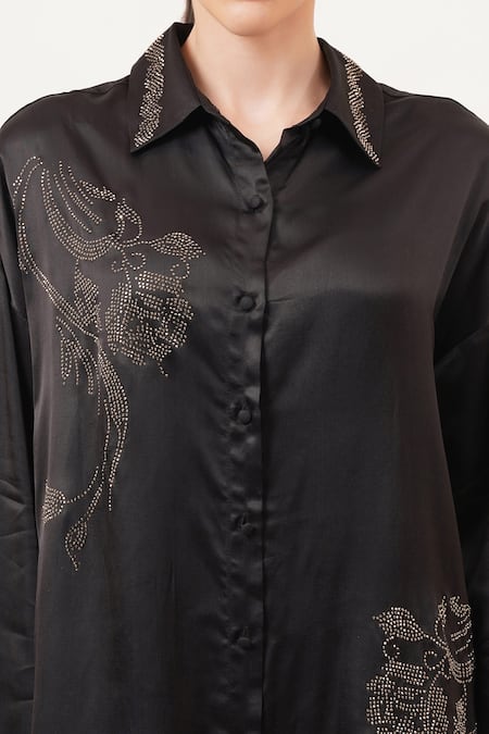 Beachbum_Black Viscose, Satin Embroidery Collared Chic Oversized Tunic Dress _at_Aza_Fashions