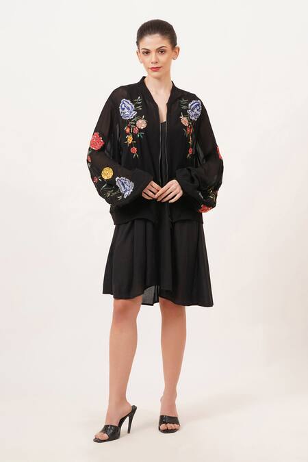 Buy_Beachbum_Black Viscose, Georgette Embroidery Open Neck Fierce Bomber Jacket _Online_at_Aza_Fashions