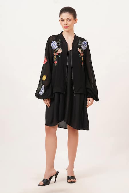Shop_Beachbum_Black Viscose, Georgette Embroidery Open Neck Fierce Bomber Jacket _Online_at_Aza_Fashions