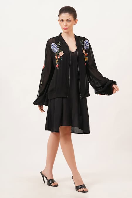 Beachbum_Black Viscose, Georgette Embroidery Open Neck Fierce Bomber Jacket _at_Aza_Fashions