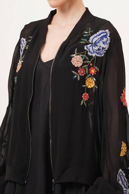 Shop_Beachbum_Black Viscose, Georgette Embroidery Open Neck Fierce Bomber Jacket 