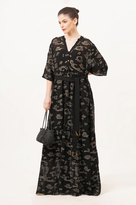 Beachbum_Black Viscose, Georgette Embroidery V-neck Sparkle Long Maxi Dress _Online_at_Aza_Fashions