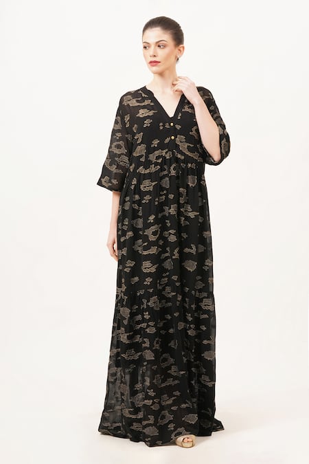 Buy_Beachbum_Black Viscose, Georgette Embroidery V-neck Sparkle Long Maxi Dress _Online_at_Aza_Fashions