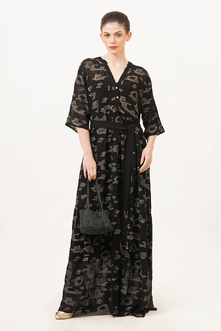 Beachbum Black Viscose, Georgette Embroidery V-neck Sparkle Long Maxi Dress 