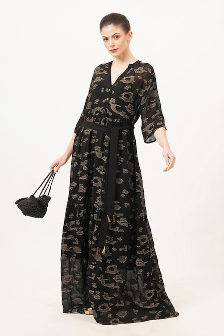 Shop_Beachbum_Black Viscose, Georgette Embroidery V-neck Sparkle Long Maxi Dress _Online_at_Aza_Fashions