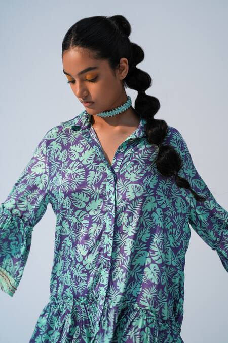 Beachbum_Purple Embroidery Collared Fig Fusion Drop Waist Dress _at_Aza_Fashions