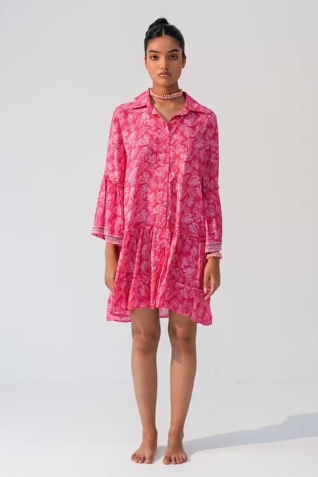 Beachbum_Pink Embroidery Collared Fig Fusion Drop Waist Dress _Online_at_Aza_Fashions