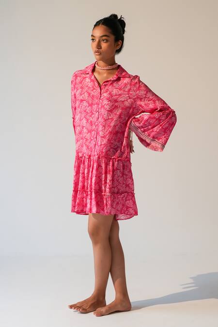 Beachbum_Pink Embroidery Collared Fig Fusion Drop Waist Dress _at_Aza_Fashions