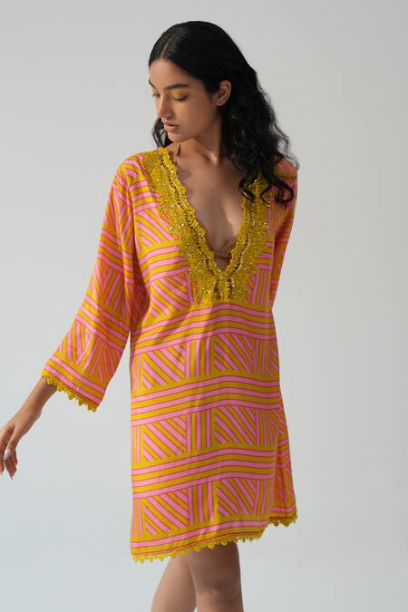 Shop_Beachbum_Pink Embroidery V-neck Tangerine Tango Kurta Coverup _Online_at_Aza_Fashions