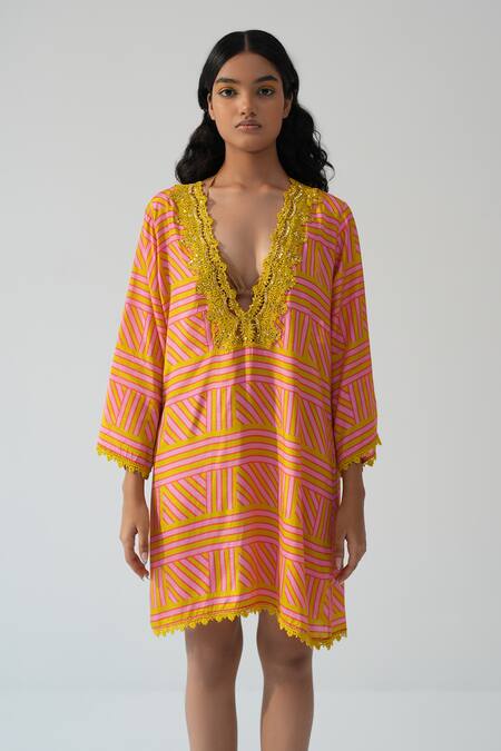 Beachbum_Pink Embroidery V-neck Tangerine Tango Kurta Coverup _at_Aza_Fashions