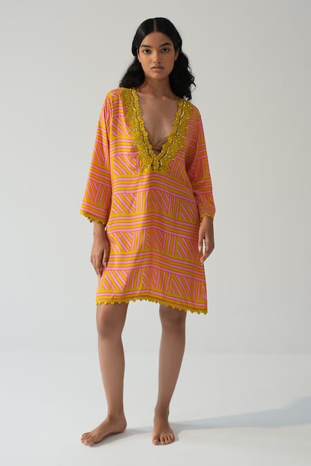 Beachbum Pink Embroidery V-neck Tangerine Tango Kurta Coverup 