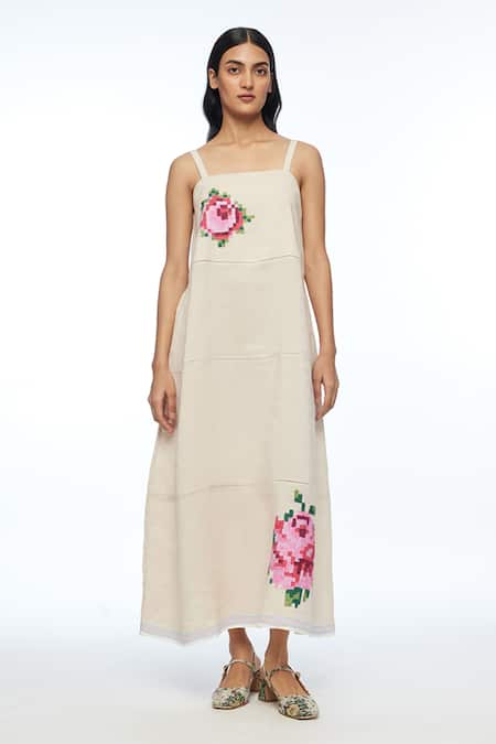 Payal Pratap Beige Linen Embroidery Square Neck Hulthemia Strap Dress 