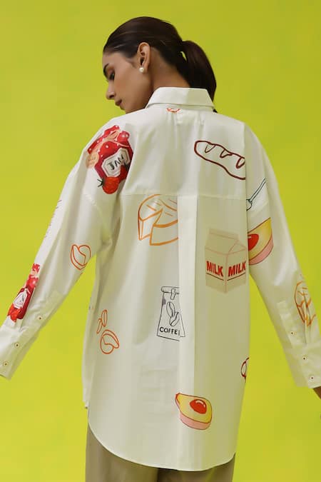 Shop_Roza_Ivory Poplin Collared Breakfast Club Oversized Shirt _at_Aza_Fashions