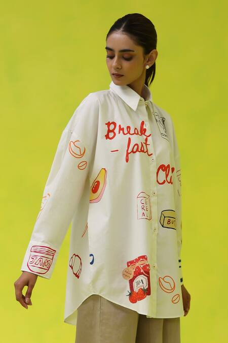 Roza_Ivory Poplin Collared Breakfast Club Oversized Shirt _Online_at_Aza_Fashions