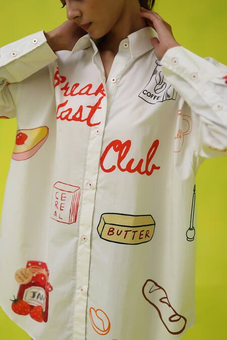 Roza_Ivory Poplin Collared Breakfast Club Oversized Shirt _at_Aza_Fashions