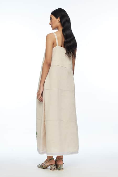 Shop Payal Pratap Beige Linen Embroidery Square Neck Hulthemia Strap Dress at Aza Fashions Shop_Payal Pratap_Beige Linen Embroidery Square Neck Hulthemia Strap Dress _at_Aza_Fashions