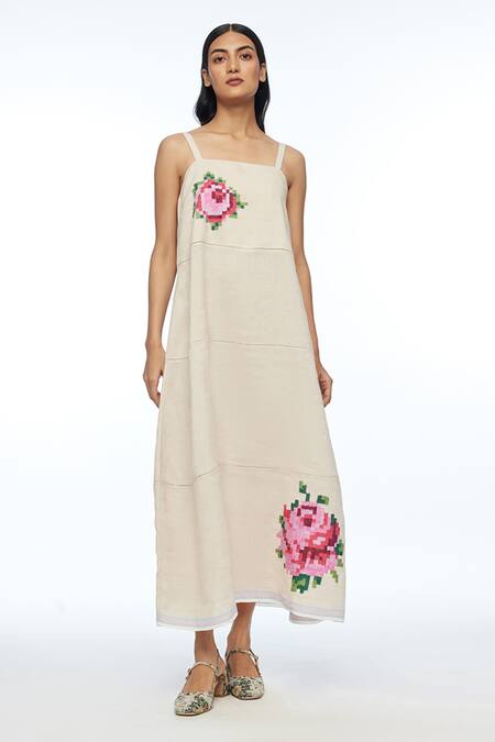 Payal Pratap Beige Linen Embroidery Square Neck Hulthemia Strap Dress Online at Aza Fashions Payal Pratap_Beige Linen Embroidery Square Neck Hulthemia Strap Dress _Online_at_Aza_Fashions