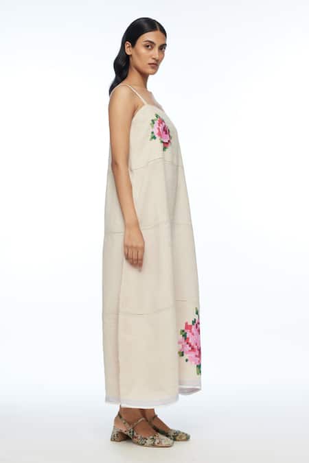 Shop Payal Pratap Beige Linen Embroidery Square Neck Hulthemia Strap Dress Online at Aza Fashions Shop_Payal Pratap_Beige Linen Embroidery Square Neck Hulthemia Strap Dress _Online_at_Aza_Fashions