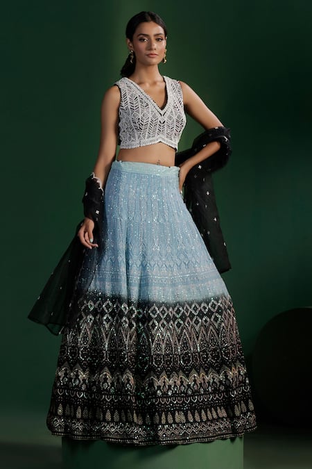 Two Sisters By Gyans Blue Georgette, Net Sequins, Embroidery V-neck Lehenga Set 