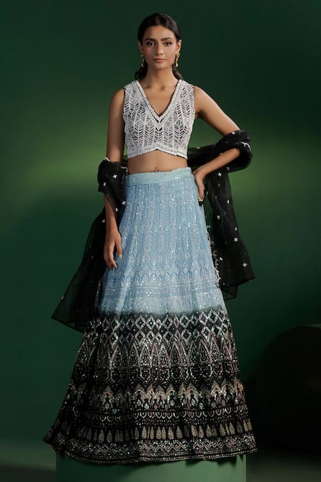 Two Sisters By Gyans_Blue Georgette, Net Sequins, Embroidery V-neck Lehenga Set _Online_at_Aza_Fashions